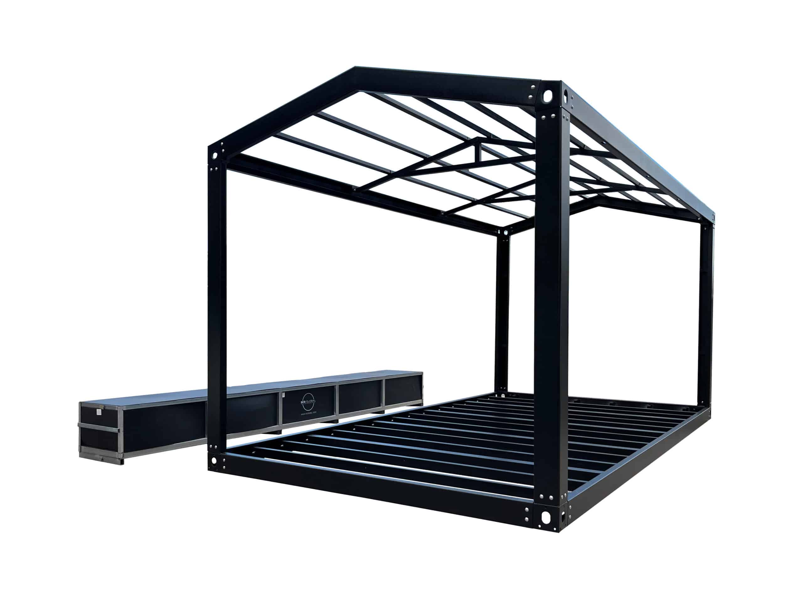 SCS-Global-R1T-FlexiFrame-Angle-and-Crate-scaled flat roof container home frame all set up